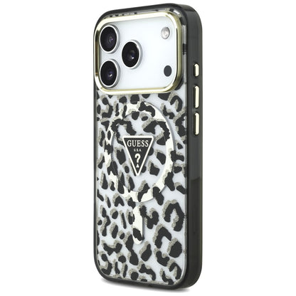MagSafe-fodral för Apple iPhone 18 Pro / 17 Pro, Guess, Leopard Glitter Triangle Logo, Svart