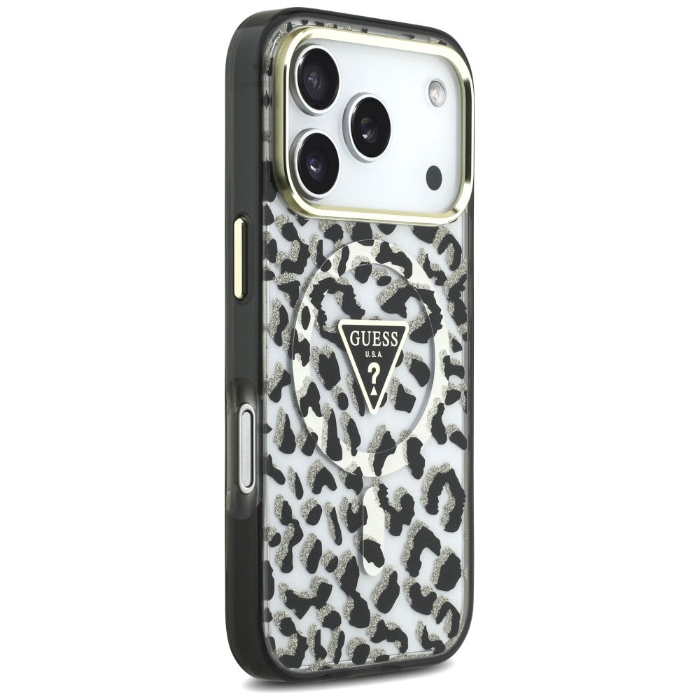 MagSafe-fodral för Apple iPhone 18 Pro / 17 Pro, Guess, Leopard Glitter Triangle Logo, Svart