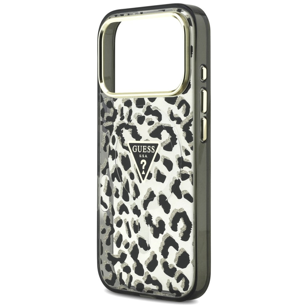 MagSafe-fodral för Apple iPhone 18 Pro / 17 Pro, Guess, Leopard Glitter Triangle Logo, Svart