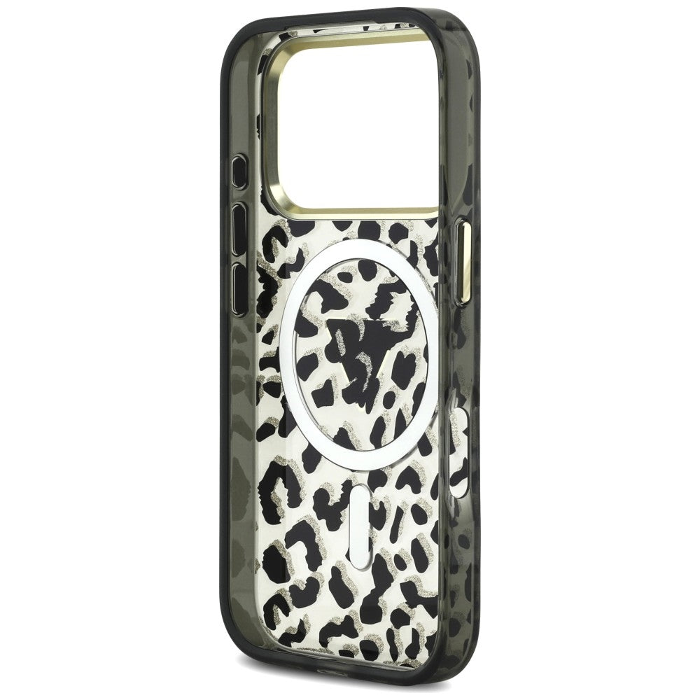MagSafe-fodral för Apple iPhone 18 Pro / 17 Pro, Guess, Leopard Glitter Triangle Logo, Svart