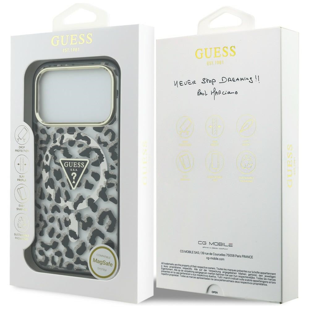 MagSafe-fodral för Apple iPhone 18 Pro / 17 Pro, Guess, Leopard Glitter Triangle Logo, Svart