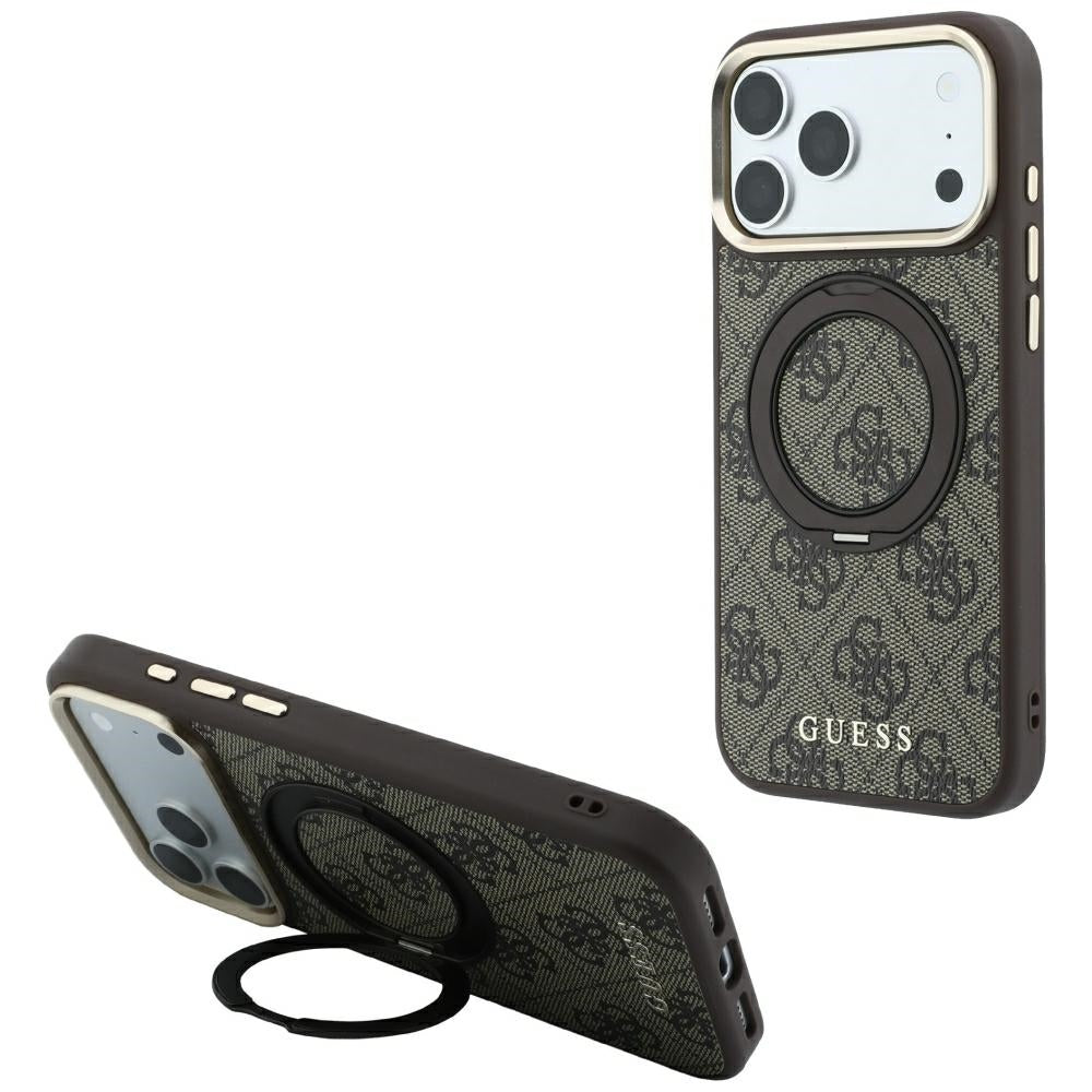MagSafe-fodral för Apple iPhone 18 Pro / 17 Pro, Guess, Ring Stand 360 4G Classic Logo, Brun