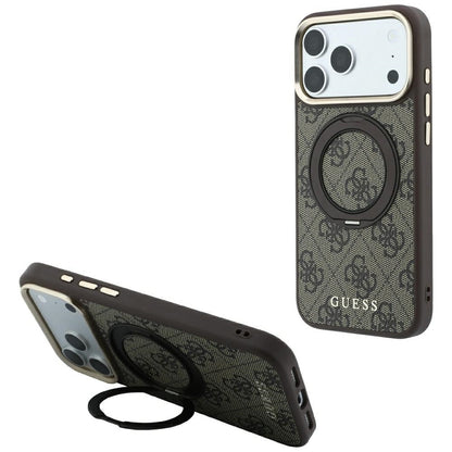 MagSafe-fodral för Apple iPhone 18 Pro / 17 Pro, Guess, Ring Stand 360 4G Classic Logo, Brun