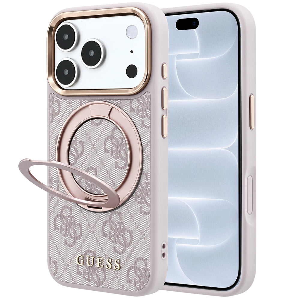 MagSafe-fodral för Apple iPhone 18 Pro / 17 Pro, Guess, Ring Stand 360 4G Classic Logo, Rosa