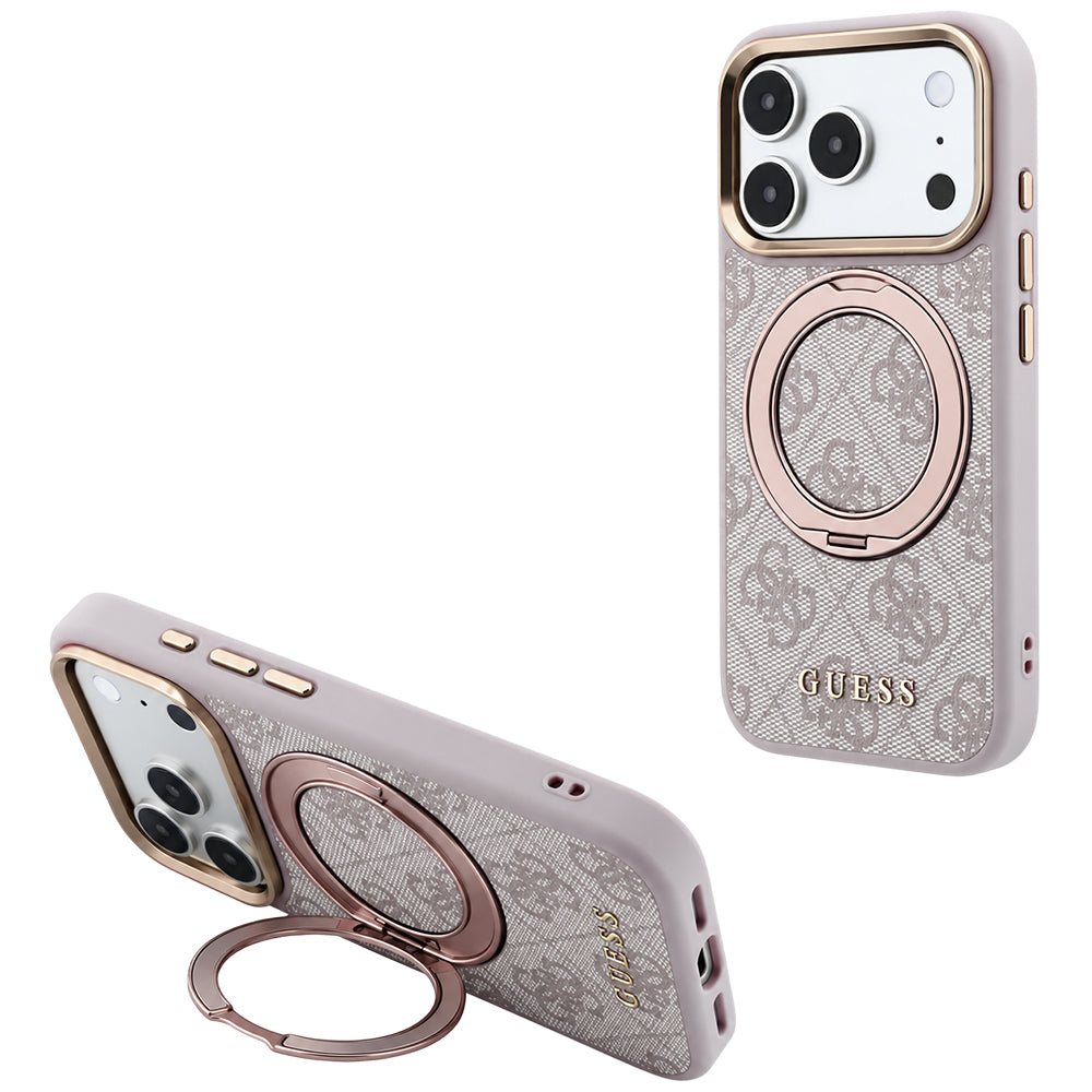 MagSafe-fodral för Apple iPhone 18 Pro / 17 Pro, Guess, Ring Stand 360 4G Classic Logo, Rosa