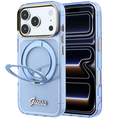 MagSafe-fodral för Apple iPhone 18 Pro / 17 Pro, Guess, Ring Stand Script Metal Logo, Bleu