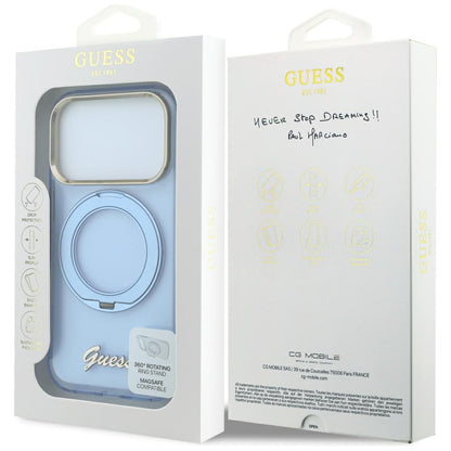 MagSafe-fodral för Apple iPhone 18 Pro / 17 Pro, Guess, Ring Stand Script Metal Logo, Bleu