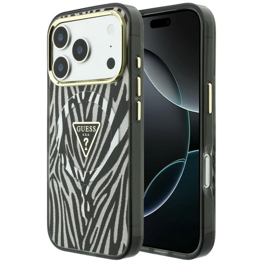 MagSafe-fodral för Apple iPhone 18 Pro / 17 Pro, Guess, Zebra Glitter Triangle Logo, Silver