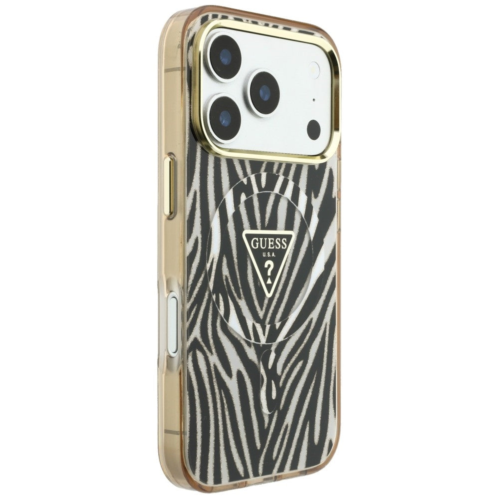 MagSafe-fodral för Apple iPhone 18 Pro / 17 Pro, Guess, Zebra Glitter Triangle Logo, Guld