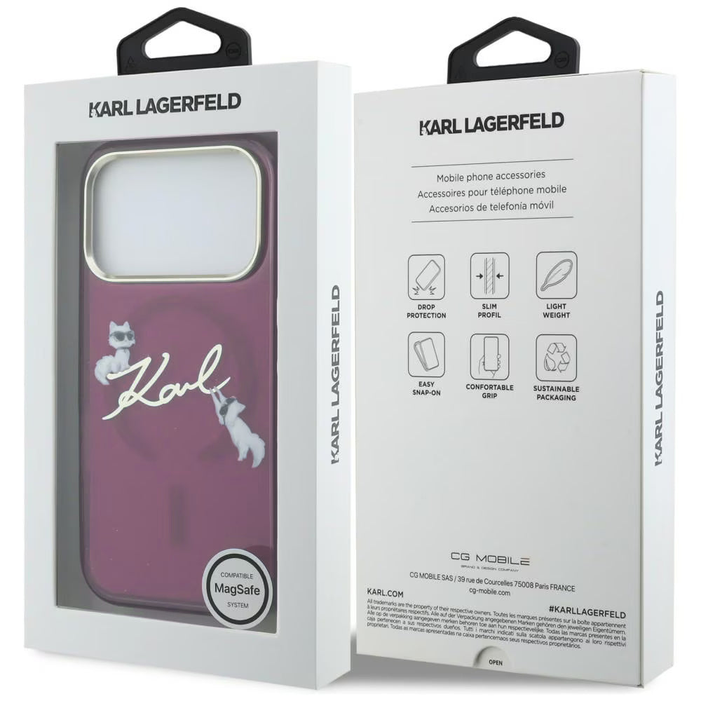 MagSafe Case for Apple iPhone 18 Pro / 17 Pro, Karl Lagerfeld, IML Choupette Karl Script Logo, Burgundy
