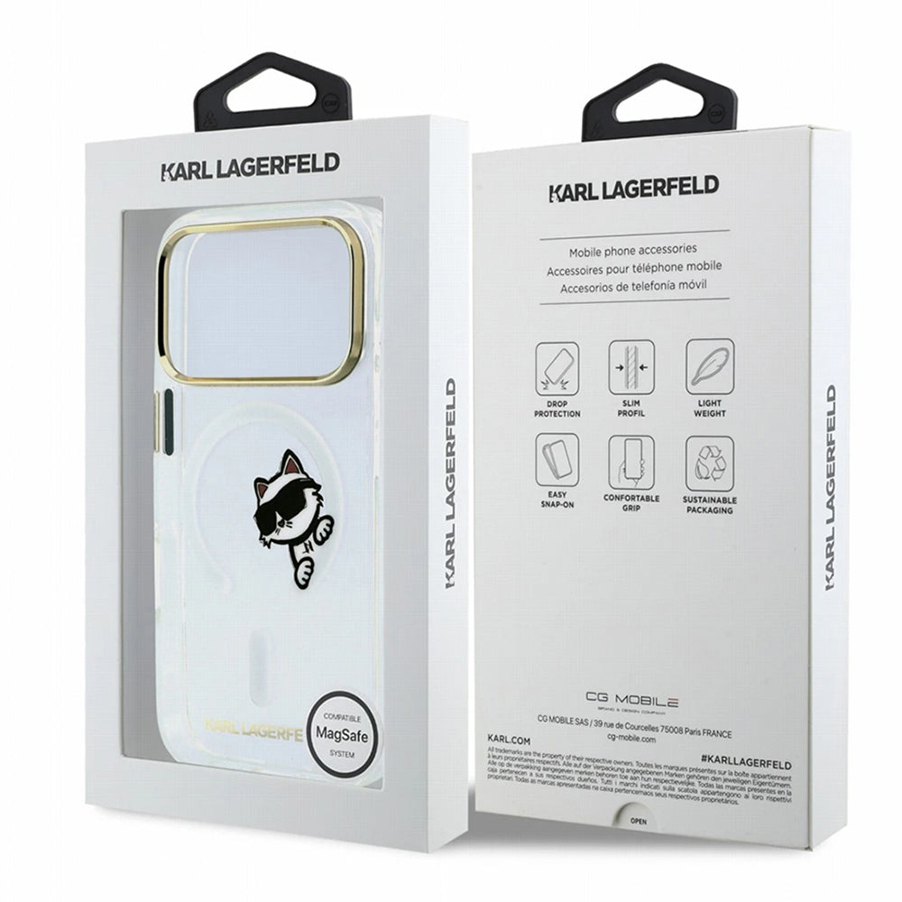 MagSafe-fodral för Apple iPhone 18 Pro / 17 Pro, Karl Lagerfeld, IML Peekaboo Print och metallram, transparent