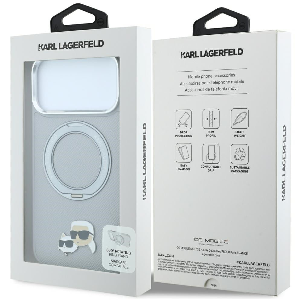 MagSafe Case for Apple iPhone 18 Pro / 17 Pro, Karl Lagerfeld, Ring Stand 360 Karl & Choupette Pin, Gray