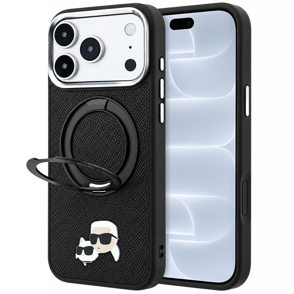 MagSafe-fodral för Apple iPhone 18 Pro / 17 Pro, Karl Lagerfeld, Ring Stand 360 Karl & Choupette Pin, Svart