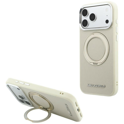 MagSafe-skal för Apple iPhone 18 Pro / 17 Pro, Karl Lagerfeld, Ring Stand 360 Saffiano, beige
