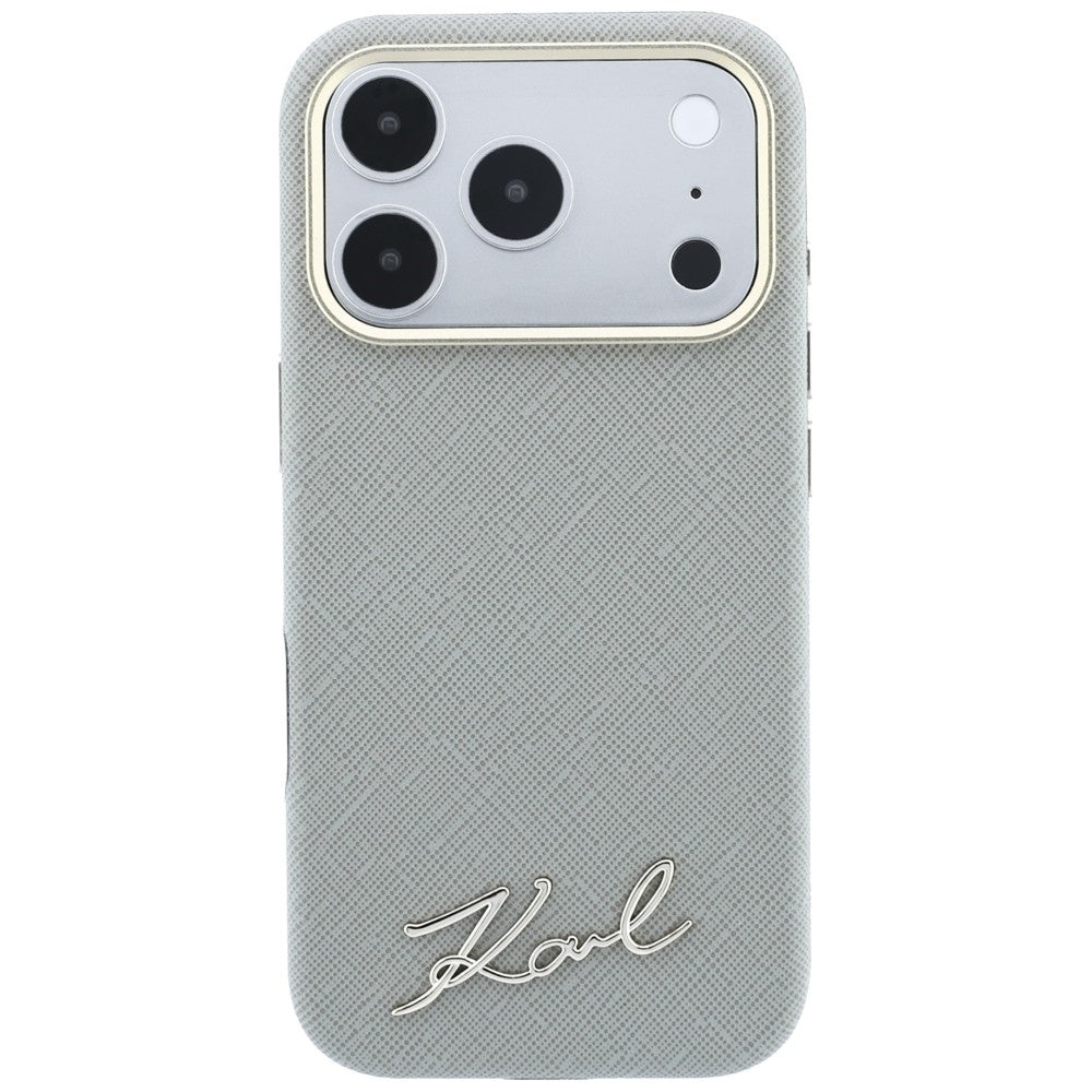 MagSafe-fodral för Apple iPhone 18 Pro / 17 Pro, Karl Lagerfeld, Saffiano Small Script Metal Logo, Grå Beige