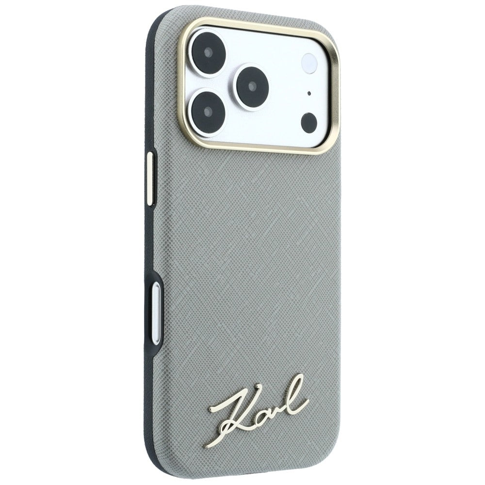 MagSafe-fodral för Apple iPhone 18 Pro / 17 Pro, Karl Lagerfeld, Saffiano Small Script Metal Logo, Grå Beige