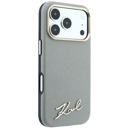 MagSafe-fodral för Apple iPhone 18 Pro / 17 Pro, Karl Lagerfeld, Saffiano Small Script Metal Logo, Grå Beige
