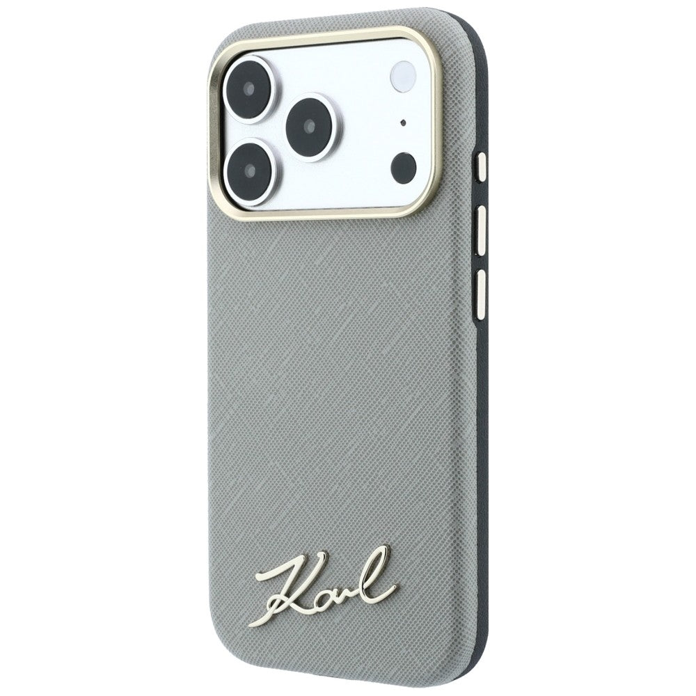 MagSafe-fodral för Apple iPhone 18 Pro / 17 Pro, Karl Lagerfeld, Saffiano Small Script Metal Logo, Grå Beige