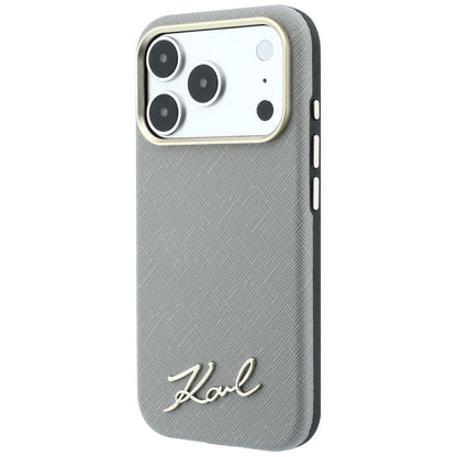 MagSafe-fodral för Apple iPhone 18 Pro / 17 Pro, Karl Lagerfeld, Saffiano Small Script Metal Logo, Grå Beige