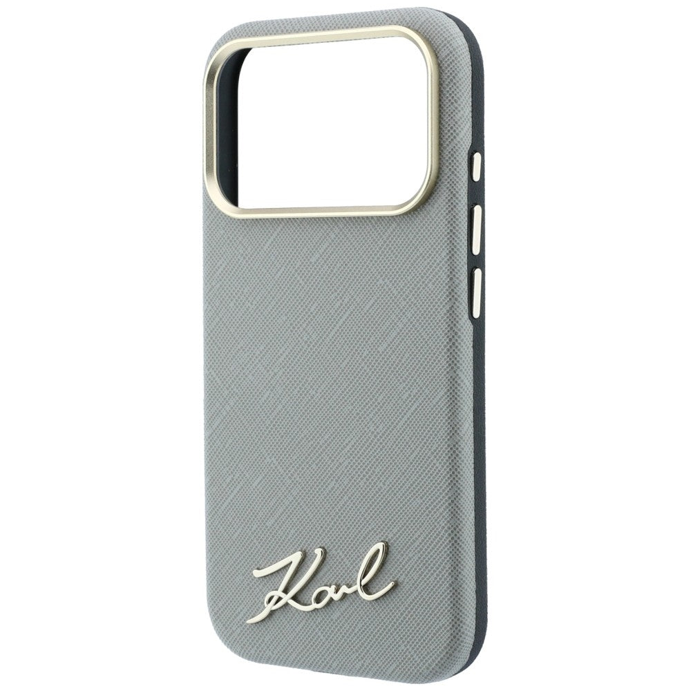 MagSafe-fodral för Apple iPhone 18 Pro / 17 Pro, Karl Lagerfeld, Saffiano Small Script Metal Logo, Grå Beige