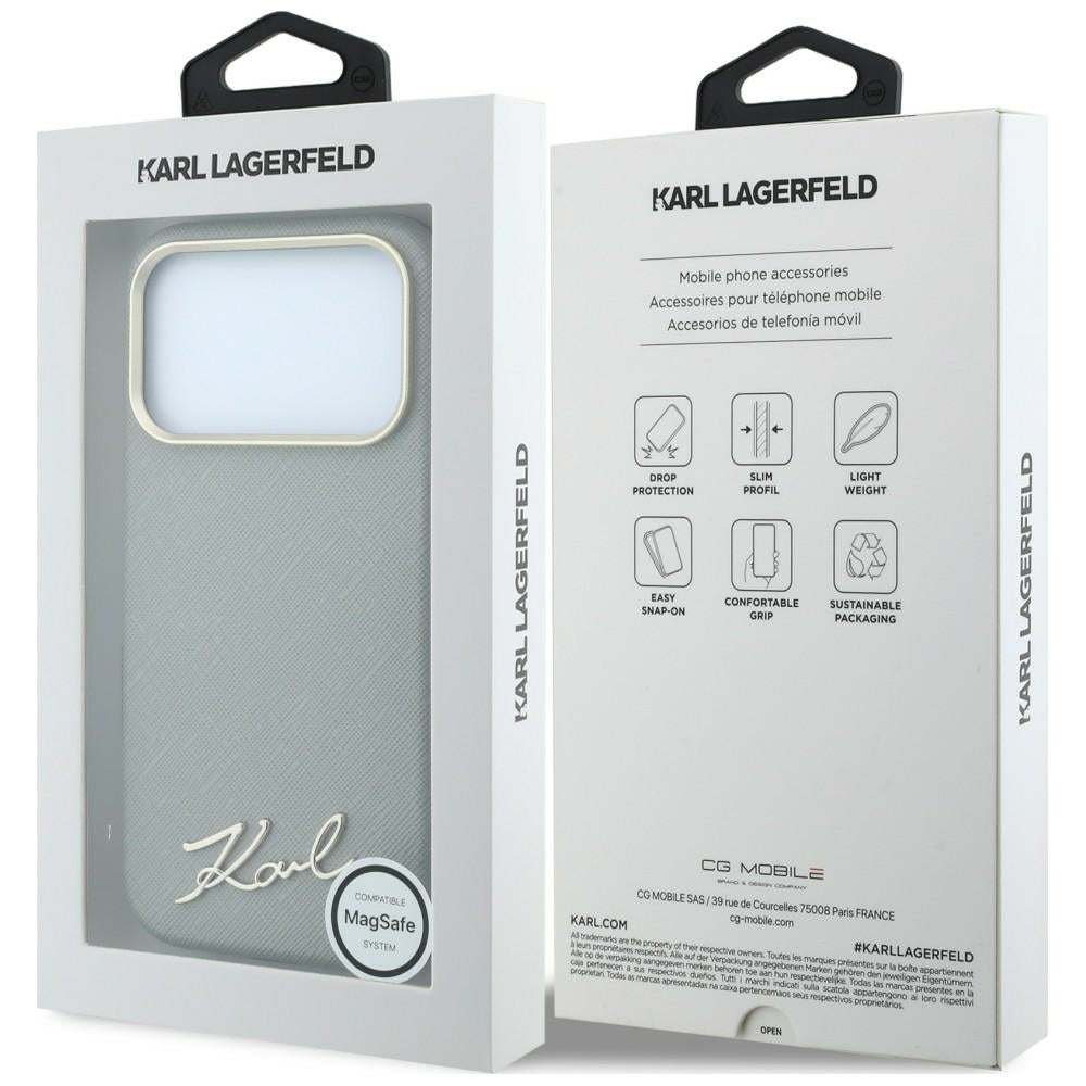 MagSafe-fodral för Apple iPhone 18 Pro / 17 Pro, Karl Lagerfeld, Saffiano Small Script Metal Logo, Grå Beige