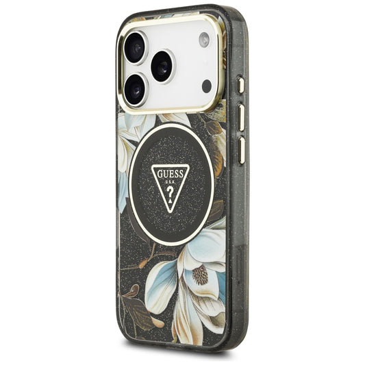 MagSafe-fodral för Apple iPhone 18 Pro, Guess, IML Metal Glitter Flowers Triangle, Svart