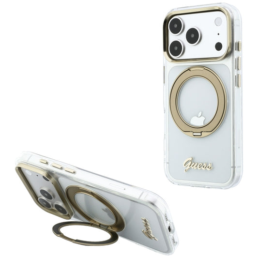 MagSafe-fodral för Apple iPhone 18 Pro, Guess, Ring Stand Script Metal Logo, Transparent