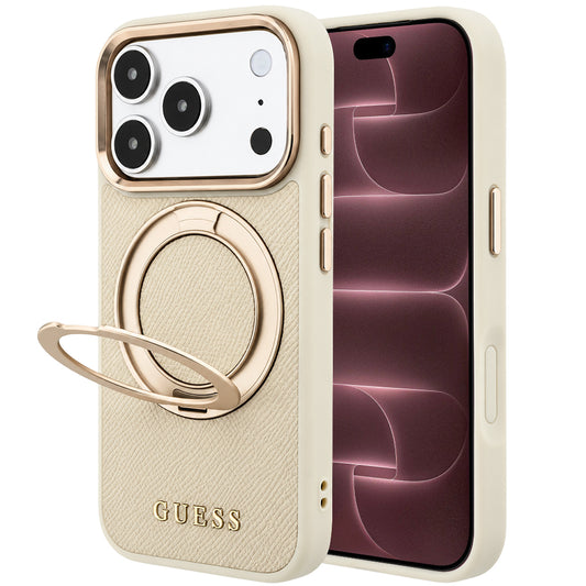 MagSafe-fodral för Apple iPhone 18 Pro Max / 17 Pro Max, Guess, Grained Ring Stand 360 Classic, Beige