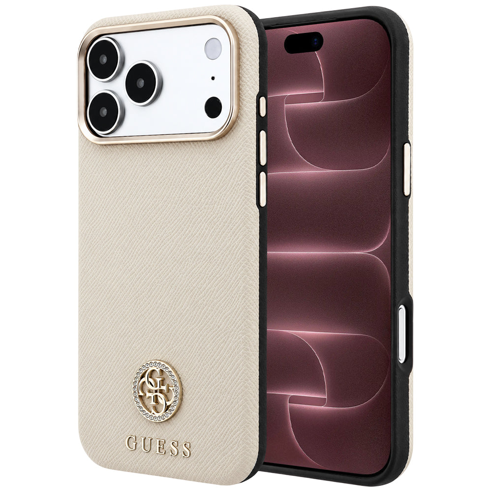 MagSafe-fodral för Apple iPhone 18 Pro Max / 17 Pro Max, Guess, Kornigt runt strasslogo, Beige