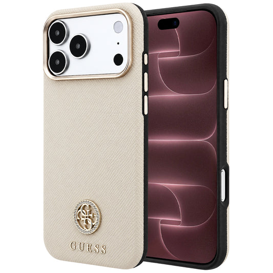 MagSafe-fodral för Apple iPhone 18 Pro Max / 17 Pro Max, Guess, Kornigt runt strasslogo, Beige