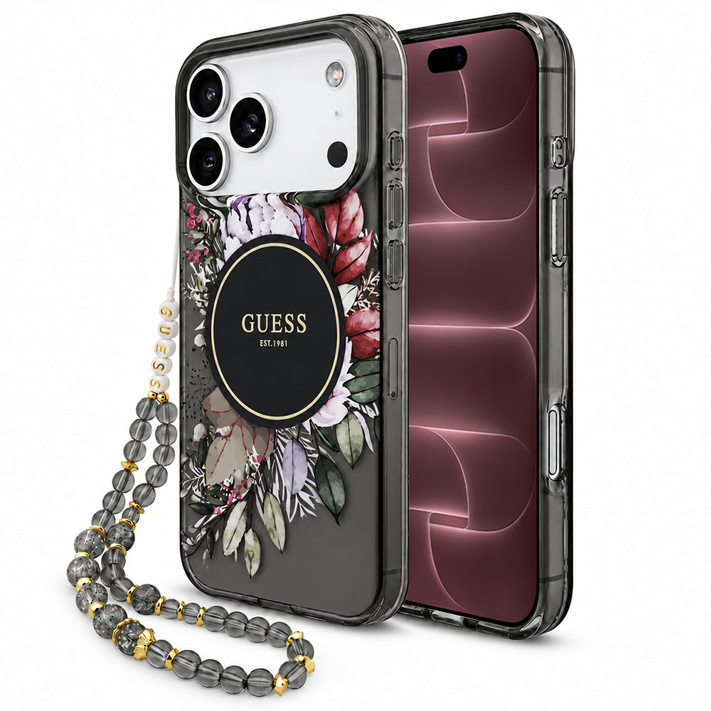 MagSafe-skal för Apple iPhone 18 Pro Max / 17 Pro Max, Guess, IML Flowers with Pearl Strap, svart