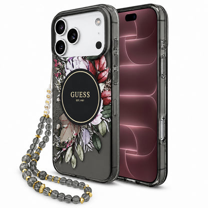 MagSafe-skal för Apple iPhone 18 Pro Max / 17 Pro Max, Guess, IML Flowers with Pearl Strap, svart