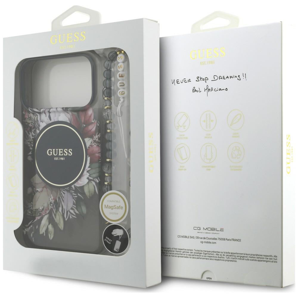 MagSafe-skal för Apple iPhone 18 Pro Max / 17 Pro Max, Guess, IML Flowers with Pearl Strap, svart