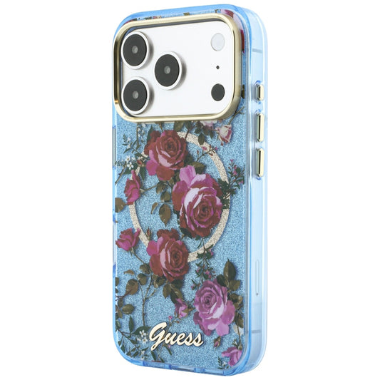 MagSafe-fodral för Apple iPhone 18 Pro Max / 17 Pro Max, Guess, IML Glitter Blossom Roses, Bleu