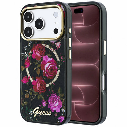 MagSafe-skal för Apple iPhone 18 Pro Max / 17 Pro Max, Guess, IML Glitter Blossom Roses, svart