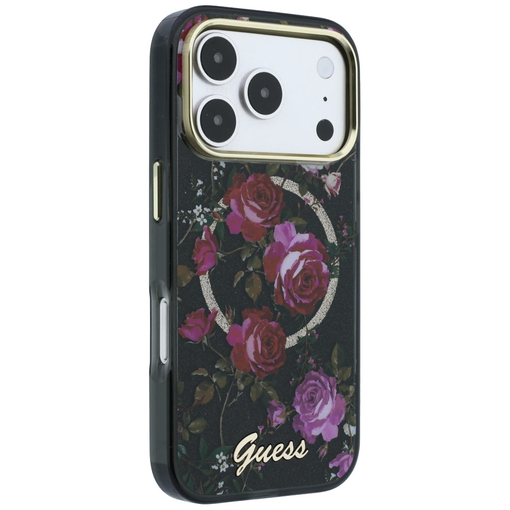 MagSafe-skal för Apple iPhone 18 Pro Max / 17 Pro Max, Guess, IML Glitter Blossom Roses, svart