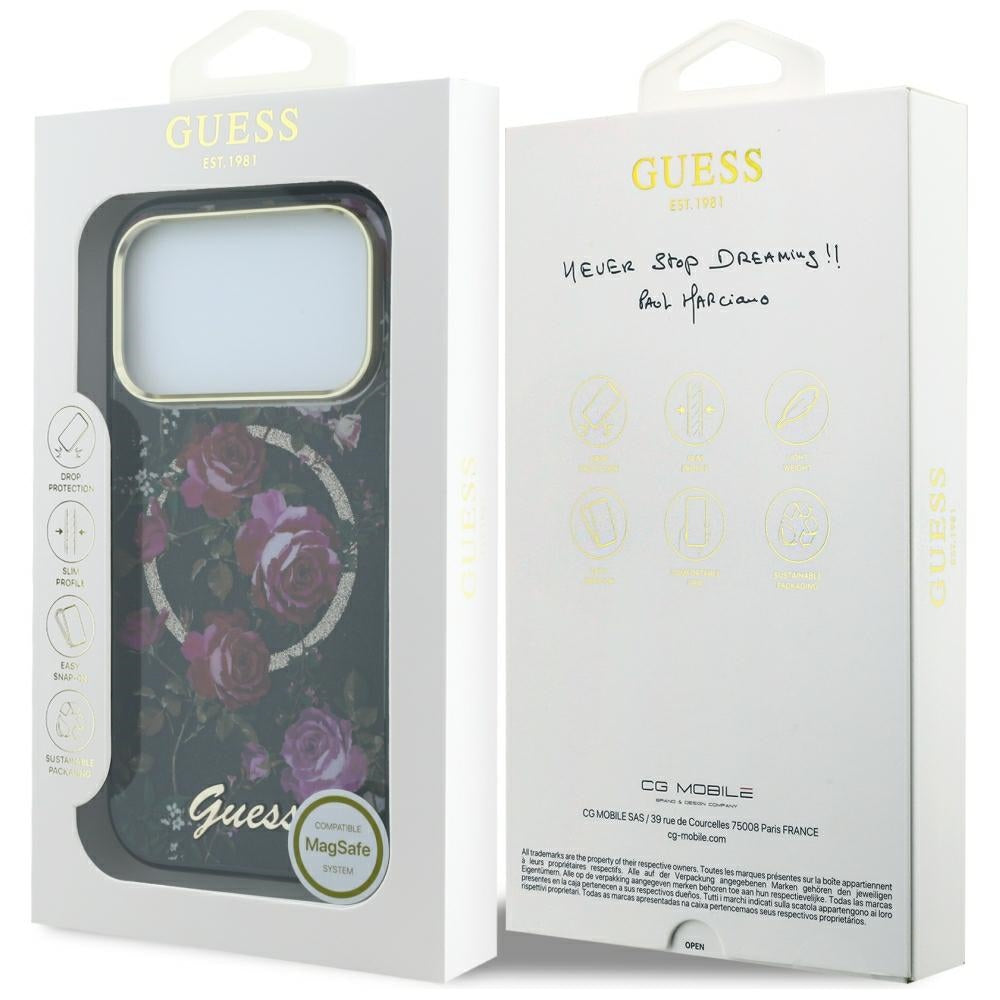 MagSafe-skal för Apple iPhone 18 Pro Max / 17 Pro Max, Guess, IML Glitter Blossom Roses, svart