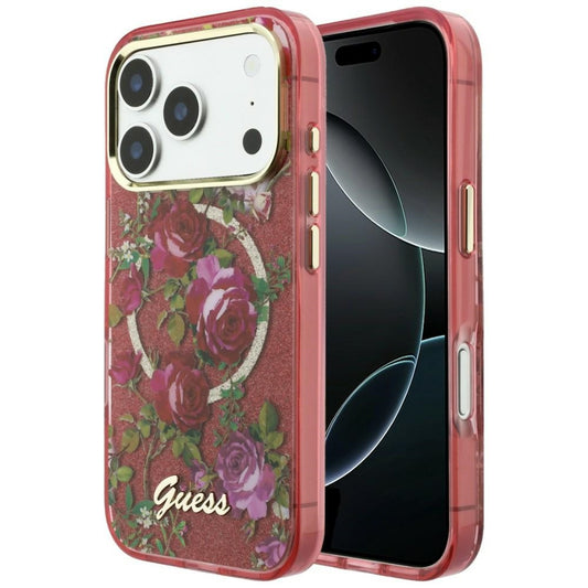 MagSafe-fodral för Apple iPhone 18 Pro Max / 17 Pro Max, Guess, IML Glitter Blossom Roses, Vinröd