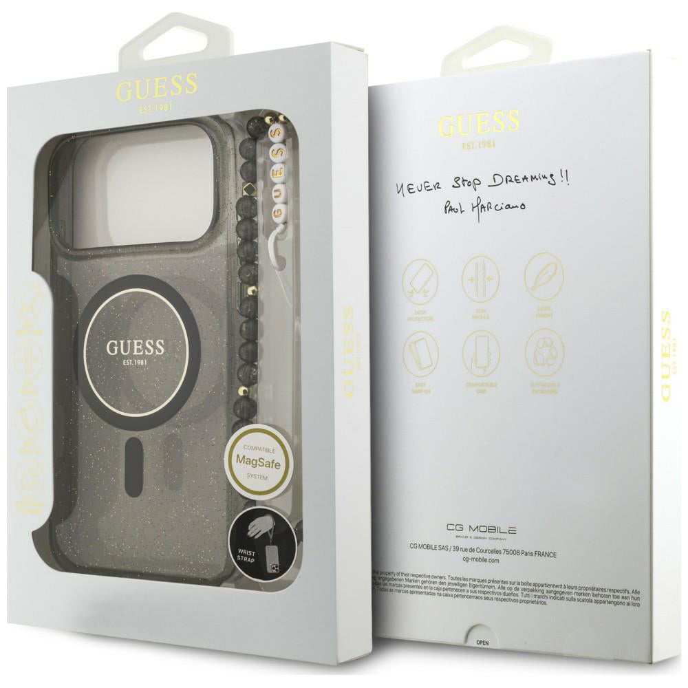 MagSafe-skal för Apple iPhone 18 Pro Max / 17 Pro Max, Guess, IML Glitter with Pearl Strap, svart