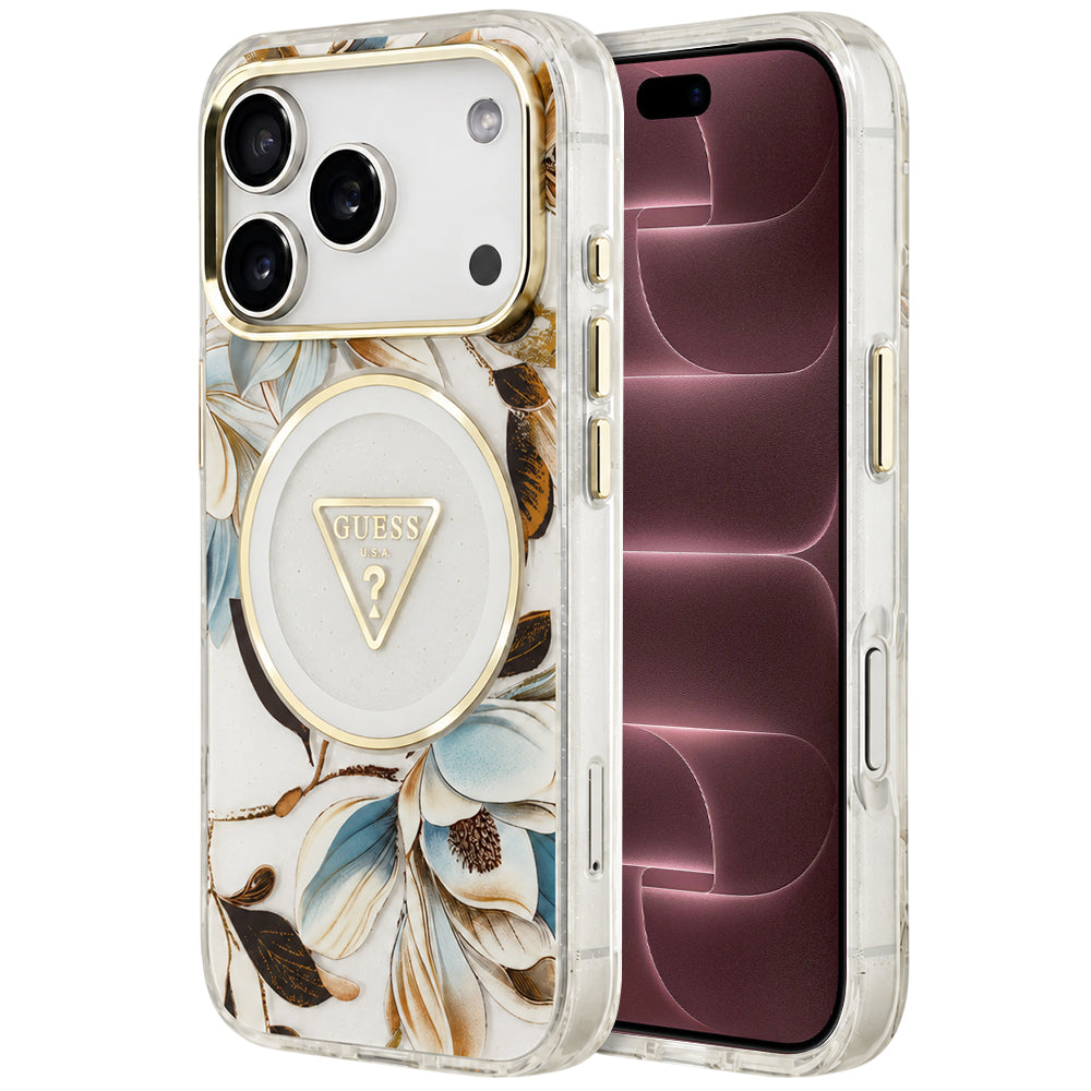 MagSafe-skal för Apple iPhone 18 Pro Max / 17 Pro Max, Guess, IML Metal Glitter Flowers Triangle, vit