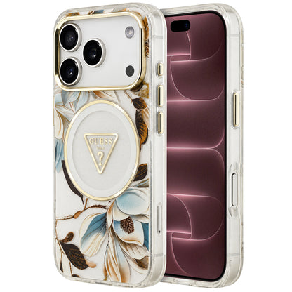 MagSafe-skal för Apple iPhone 18 Pro Max / 17 Pro Max, Guess, IML Metal Glitter Flowers Triangle, vit