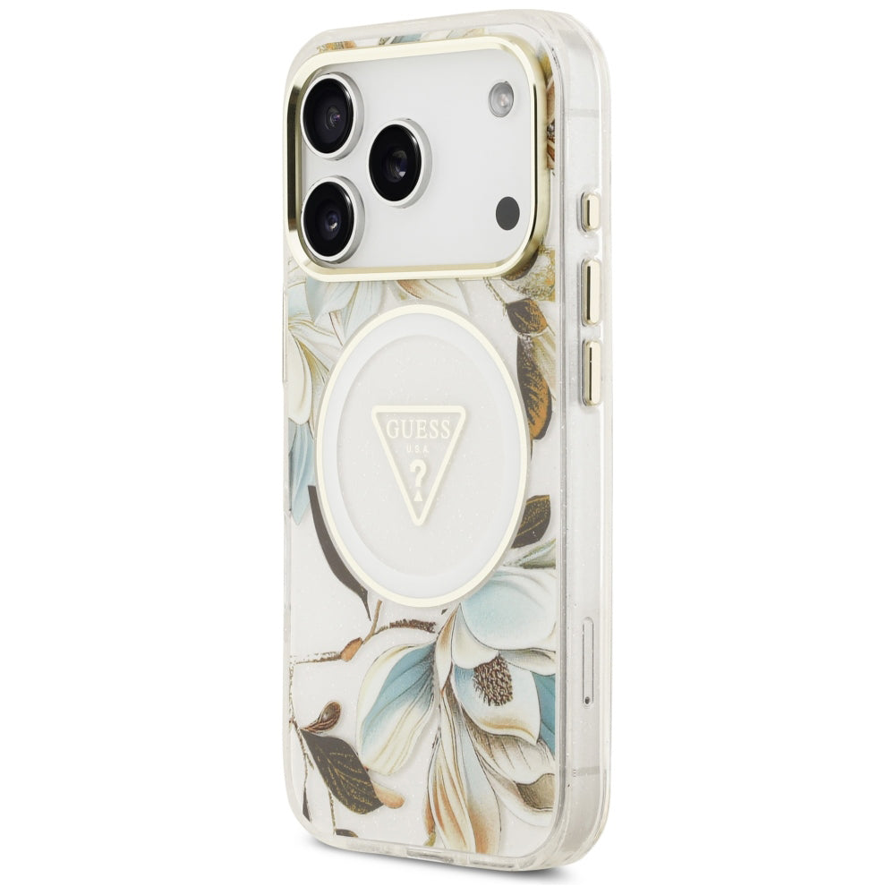 MagSafe-skal för Apple iPhone 18 Pro Max / 17 Pro Max, Guess, IML Metal Glitter Flowers Triangle, vit