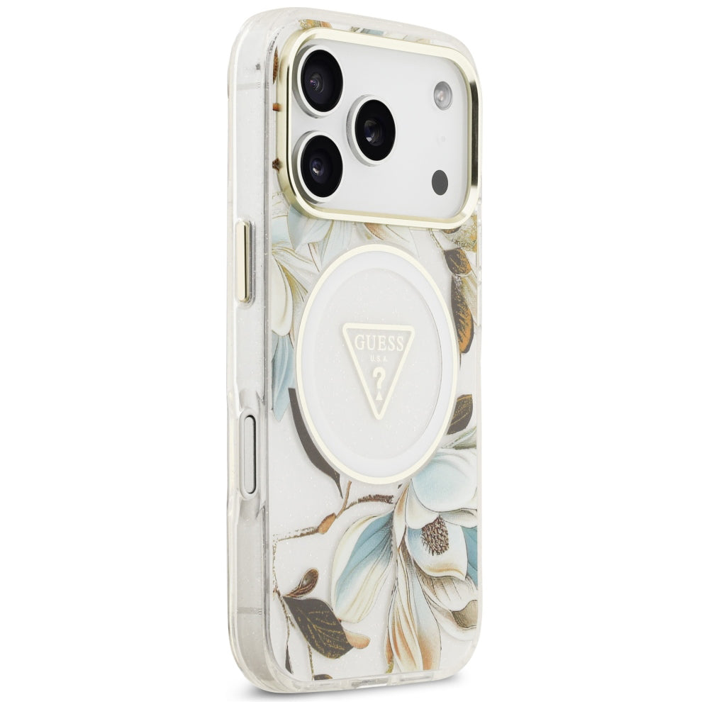 MagSafe-skal för Apple iPhone 18 Pro Max / 17 Pro Max, Guess, IML Metal Glitter Flowers Triangle, vit