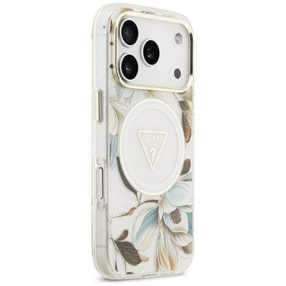 MagSafe-skal för Apple iPhone 18 Pro Max / 17 Pro Max, Guess, IML Metal Glitter Flowers Triangle, vit