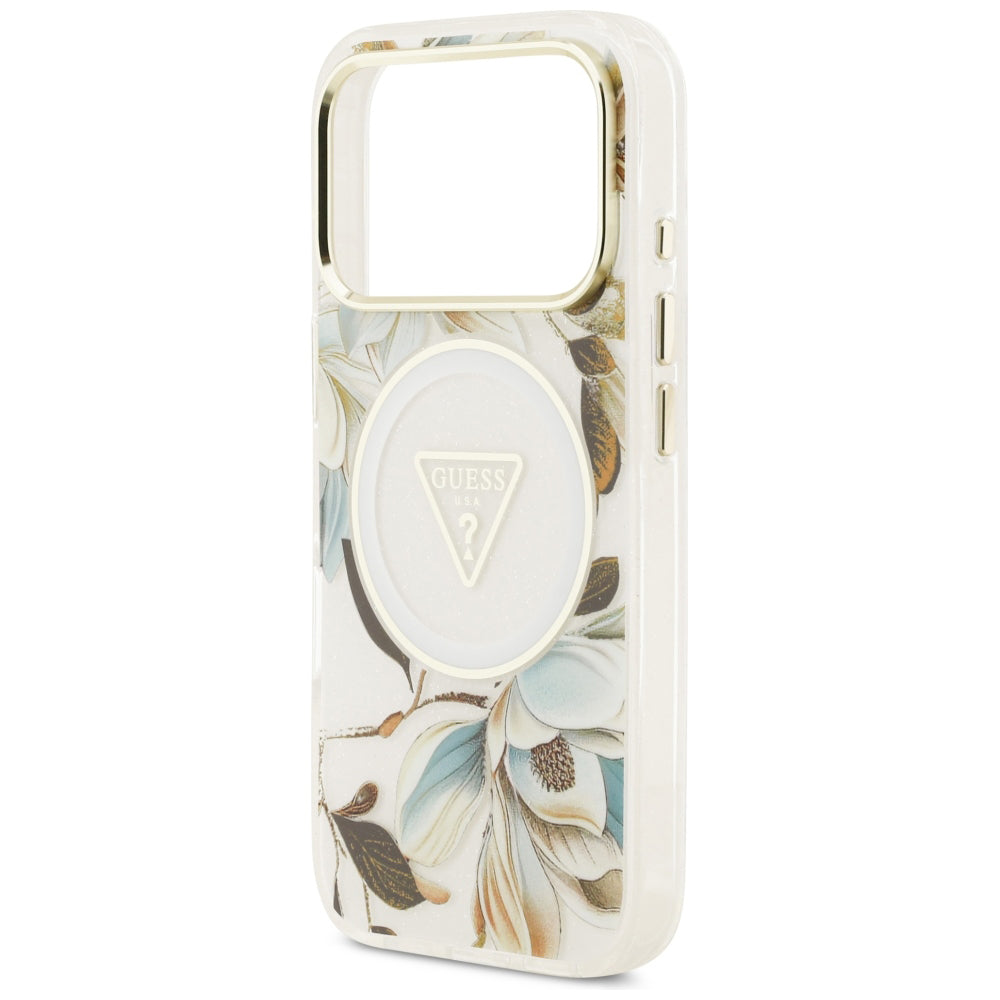MagSafe-skal för Apple iPhone 18 Pro Max / 17 Pro Max, Guess, IML Metal Glitter Flowers Triangle, vit