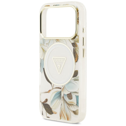 MagSafe-skal för Apple iPhone 18 Pro Max / 17 Pro Max, Guess, IML Metal Glitter Flowers Triangle, vit