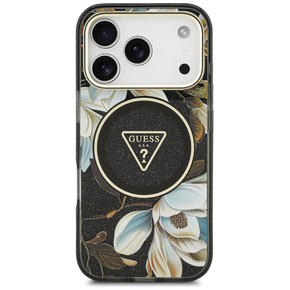 MagSafe-skal för Apple iPhone 18 Pro Max / 17 Pro Max, Guess, IML Metal Glitter Flowers Triangle, svart