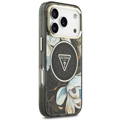MagSafe-skal för Apple iPhone 18 Pro Max / 17 Pro Max, Guess, IML Metal Glitter Flowers Triangle, svart