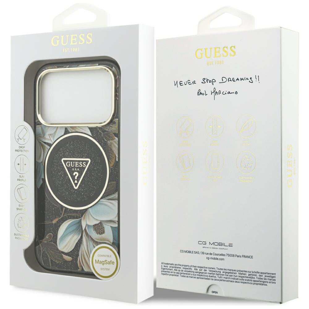 MagSafe-skal för Apple iPhone 18 Pro Max / 17 Pro Max, Guess, IML Metal Glitter Flowers Triangle, svart
