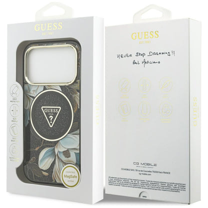 MagSafe-skal för Apple iPhone 18 Pro Max / 17 Pro Max, Guess, IML Metal Glitter Flowers Triangle, svart